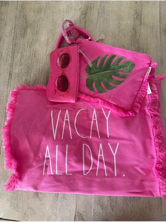 Rae Dunn Handbags - Rae Dunn Vacay All Day Pink Tote With 2 Pouch Set